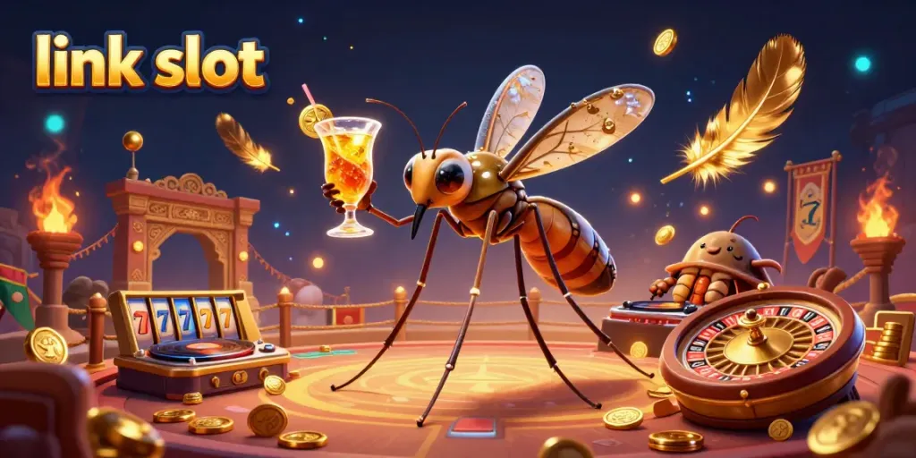 Engaging scene showcasing link slot with cartoon characters in a bustling casino setting.