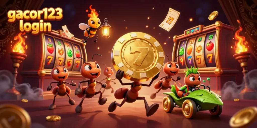 Spin to win with gacor123 login showcasing a team of ants in a casino heist.