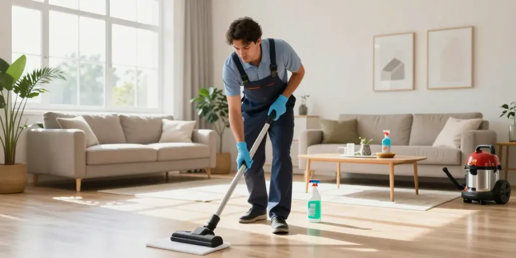 End of lease cleaning in Melbourne, showcasing a professional cleaner tidying a bright, clean living room.
