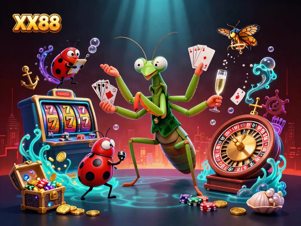 Experience the thrilling gameplay of XX88 with exciting casino scenes featuring vibrant slots, roulette, and lively characters.