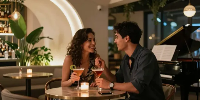 لحظة رومانسية في بار أنيق مع أضواء دافئة تظهر سكس مصري ساخن واحتفال بالحب.