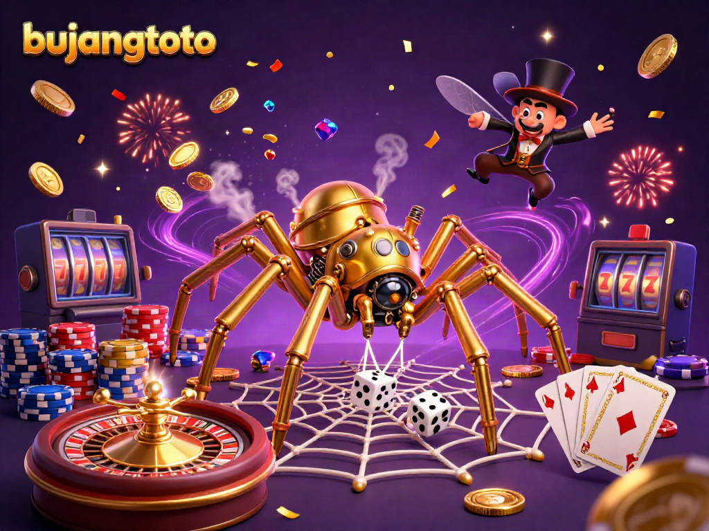 Play thrilling games and win big with bujangtoto at a vibrant 3D casino scene.