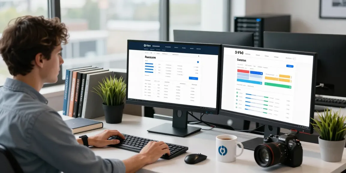 Reseller hosting metrics displayed on multiple screens in a modern office workspace, illustrating a professional web hosting environment.
