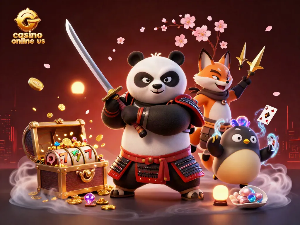 Engaging scene with casino online us characters, samurai panda and ninja fox amidst slot reels and treasure chests