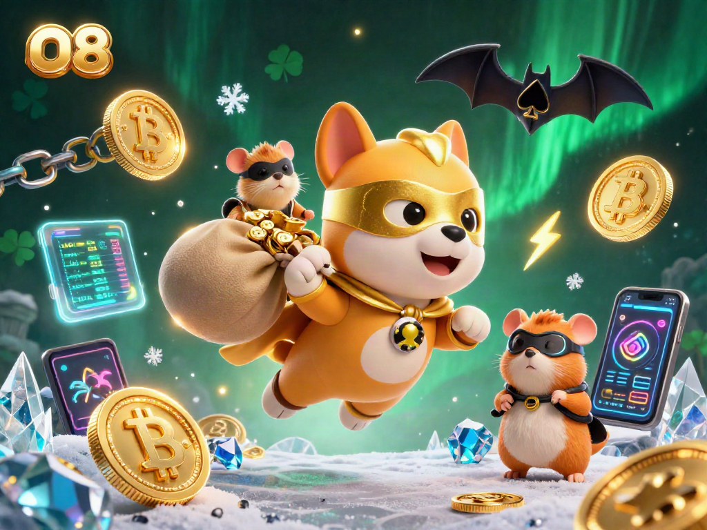 O8 showcases thrilling gameplay with a superhero dog and hamster amidst crypto coins.
