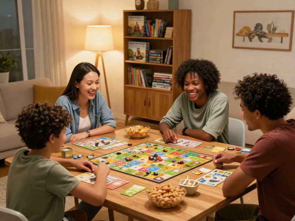 Family enjoying board games like Ticket to Ride and Catan, capturing the spirit of gaming together.