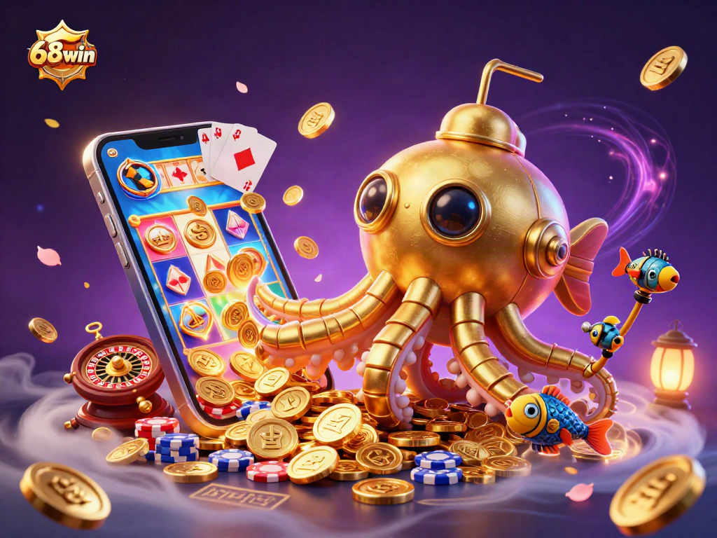 Experience the exciting 68win gaming world with a vibrant kraken submarine amidst slot games and golden coins.