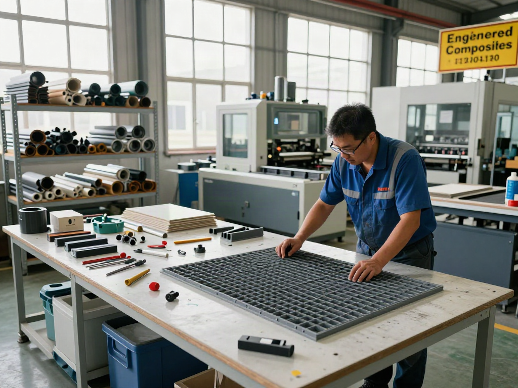 Engineered Composites GRP manufacturing facility with technician inspecting products.