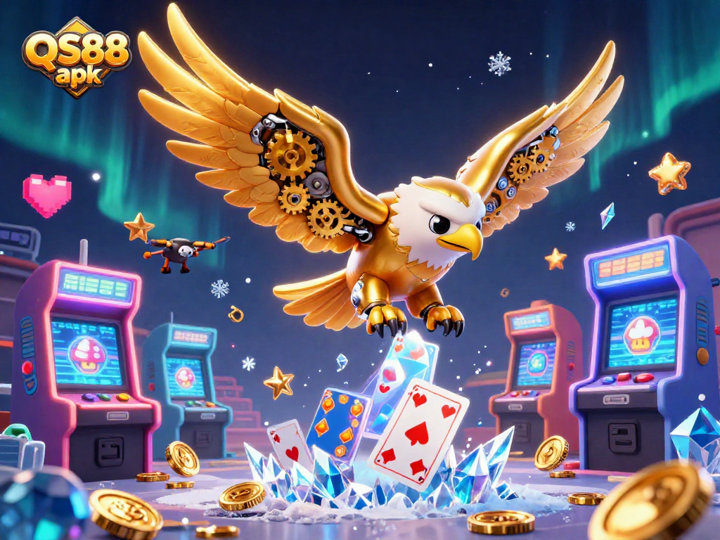 Experience thrilling gameplay with QS88 apk as gaming elements burst in a dynamic 3D illustration.
