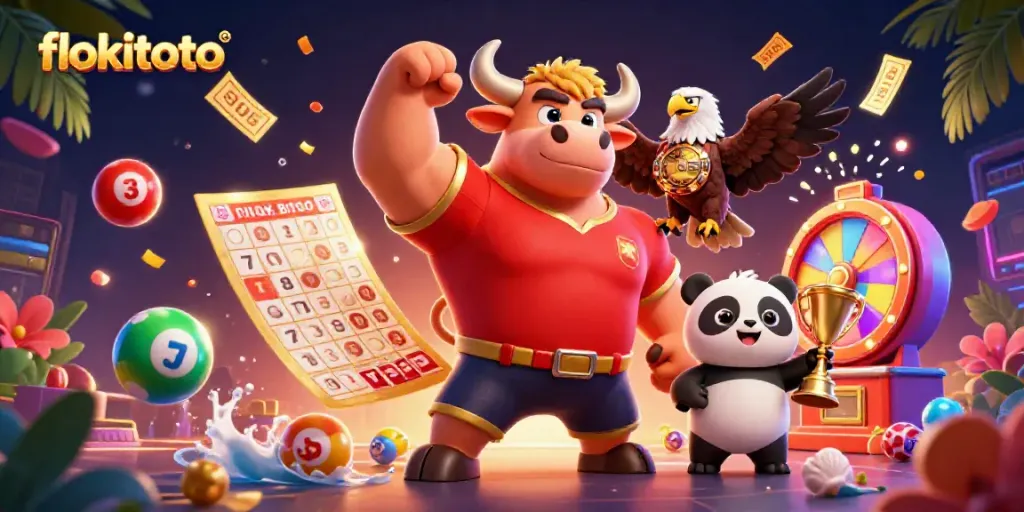 Celebrate wins with flokitoto in an action-packed gaming scene featuring dynamic lottery elements.