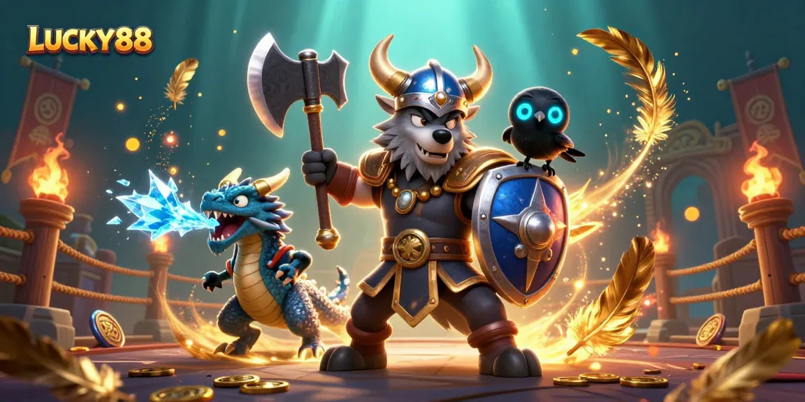 Experience the adventure of LUCKY88 with a Viking wolf warrior and ice dragon in a casino-themed arena.