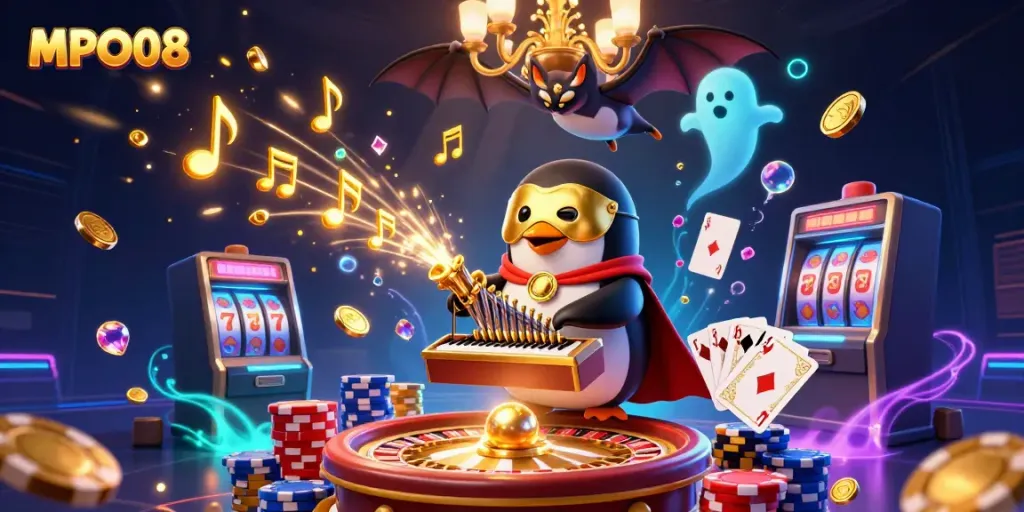 Celebrate wins with MPO08 at a vibrant casino scene featuring treasures and gaming dynamics.