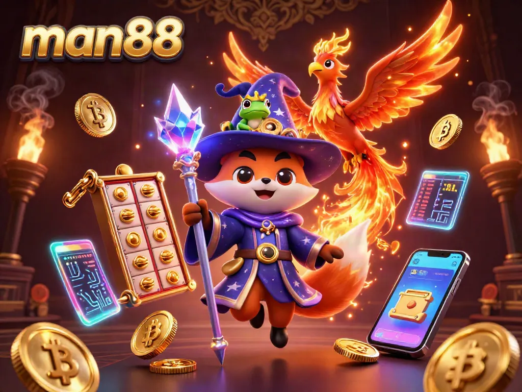 Experience exciting gameplay at man88 with lively slots and vibrant symbols in a 3D fantasy scene.