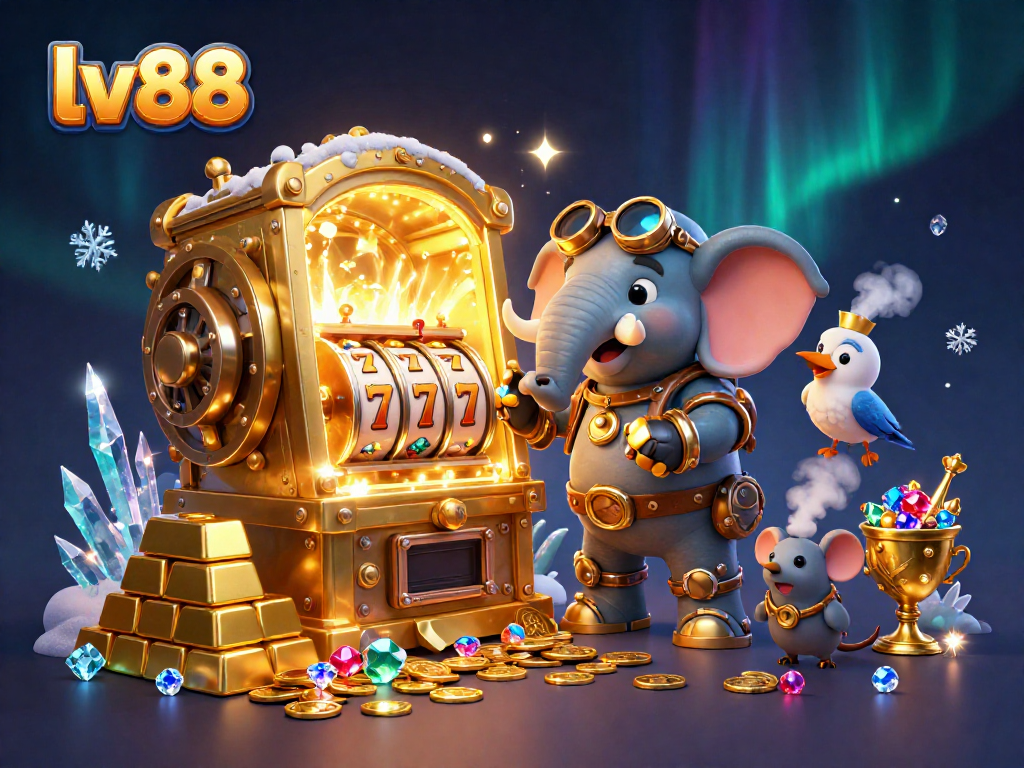Spin the lv88 slot machine in a lively 3D casino scene with vibrant treasures and characters.
