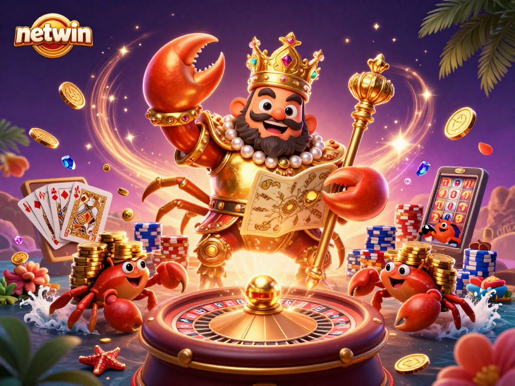 Experience thrilling gameplay with netwin featuring a golden crab emperor and lavish casino elements.