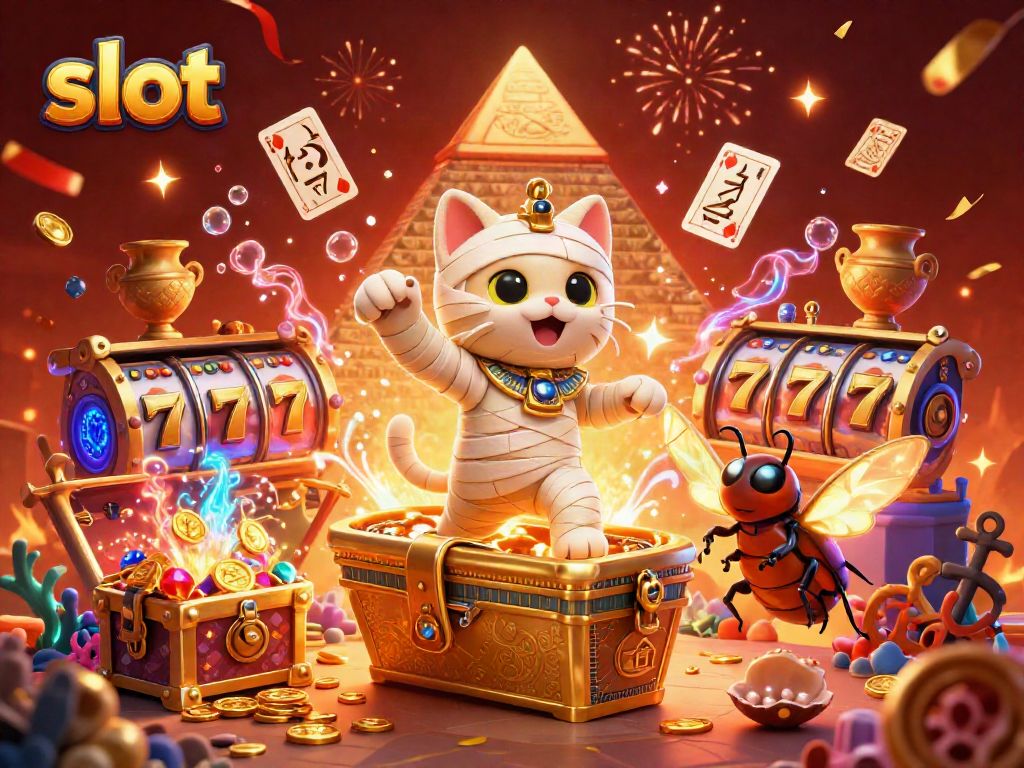 Experience slot excitement with a mummy cat and treasures in a casino setting.