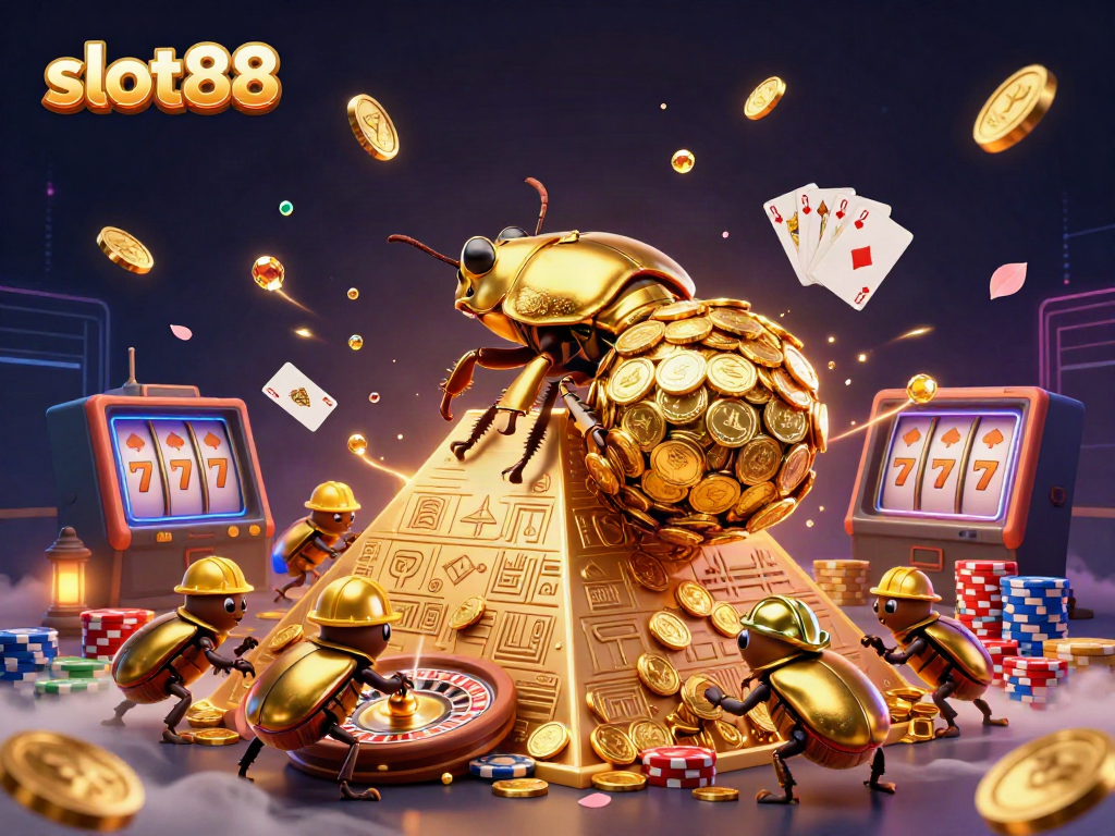 Experience the thrill of slot88 with golden coins cascading around a vibrant casino scene.