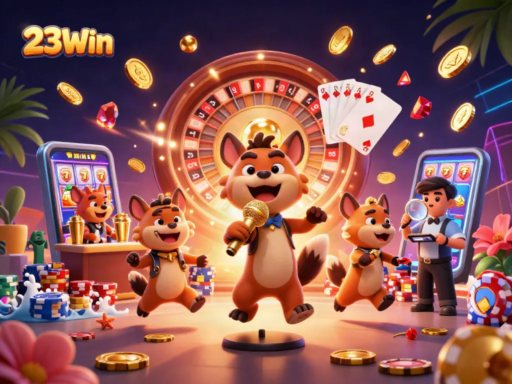 Exciting scene of 23Win hyenas running a comedy casino club with vibrant casino elements