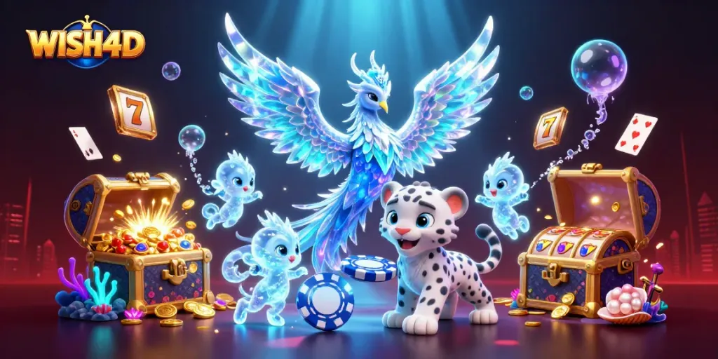 Experience WISH4D with an engaging scene featuring a phoenix, snow leopard, and immersive gaming elements.