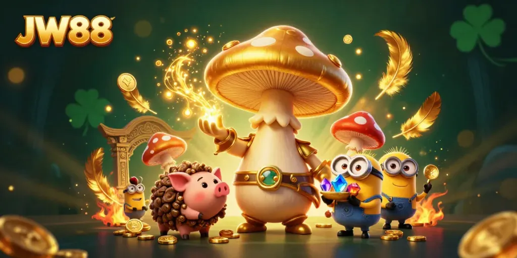 JW88's magical mushroom wizard conjuring treasure amidst an exciting gaming scene.