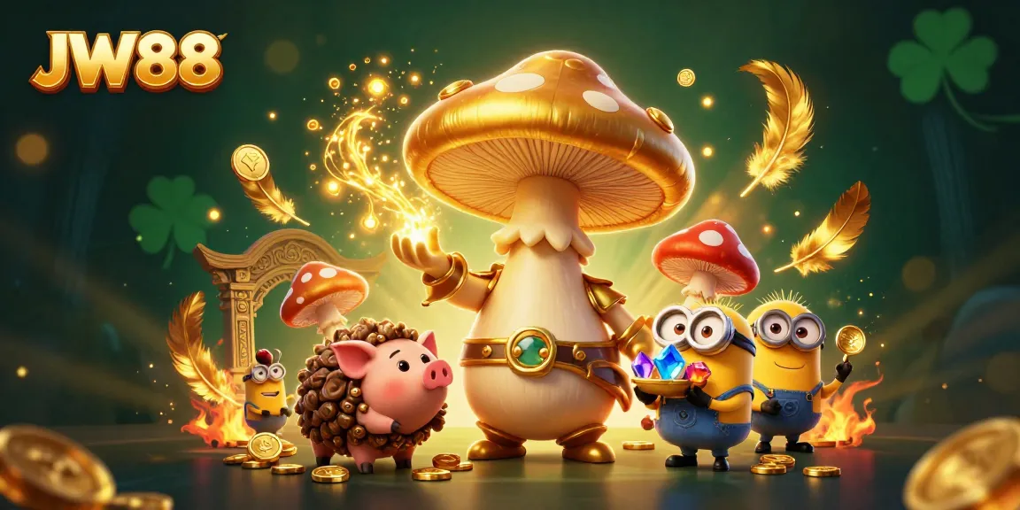 JW88's magical mushroom wizard conjuring treasure amidst an exciting gaming scene.