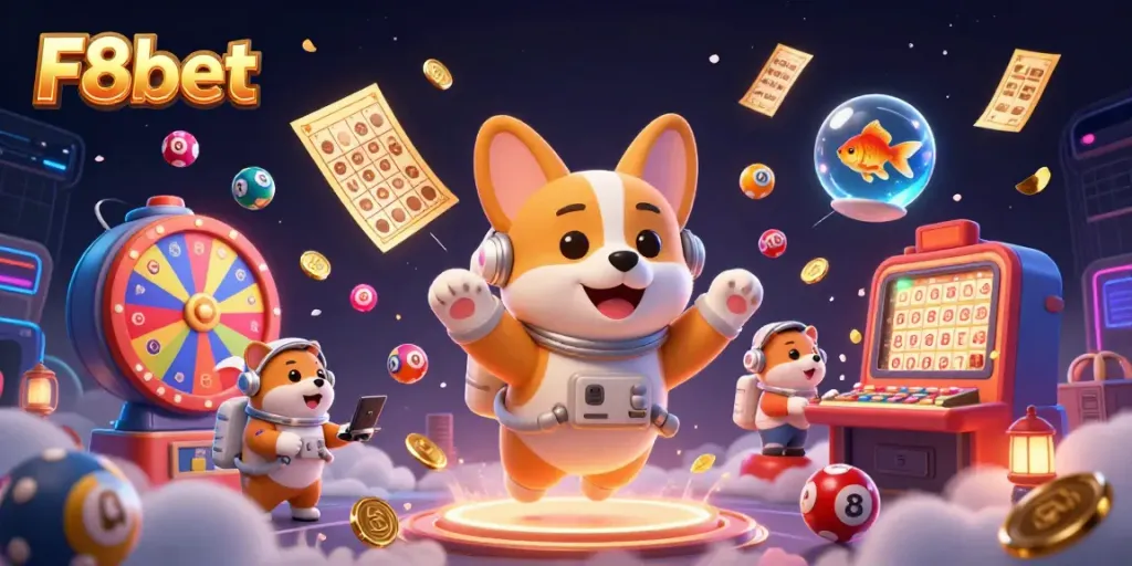 Experience thrilling gaming at F8bet with vibrant lottery balls and animated casino elements