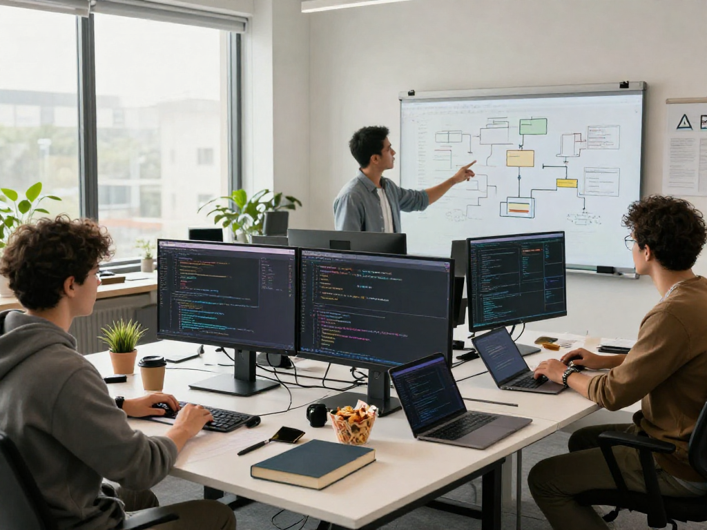 Collaboration in an AI tool directory development workspace with diverse teams and tech setups.