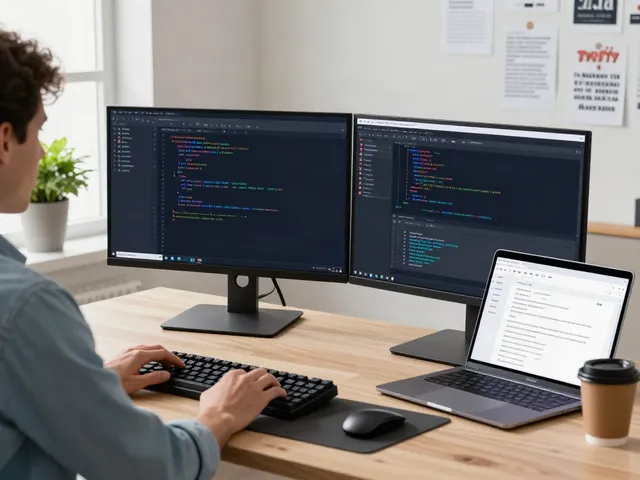 Developer using v2rayN code interface in a modern workspace