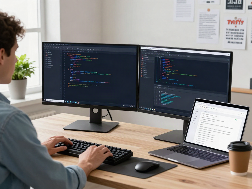 Developer using v2rayN code interface in a modern workspace
