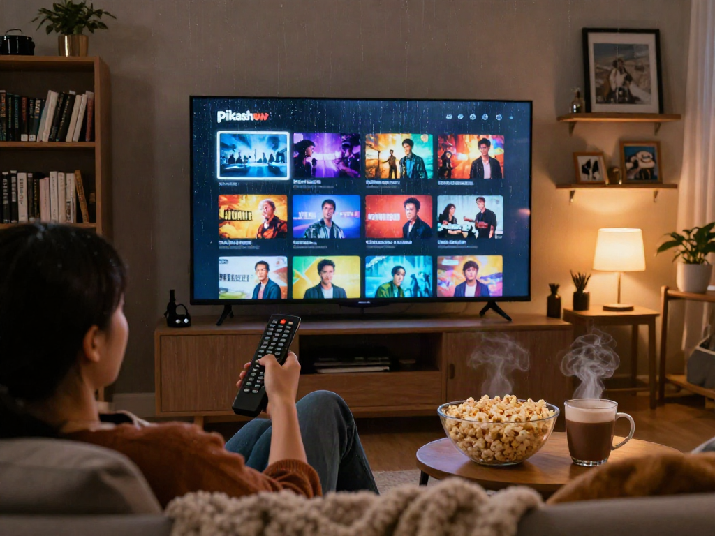 Pikashow streaming setup with cozy living room scene, large TV displaying movie thumbnails, popcorn and hot cocoa on side table.