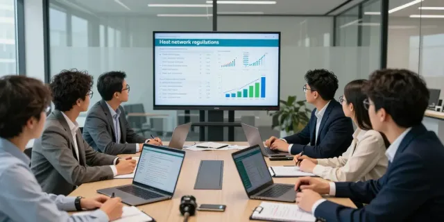 Consultants discussing Heat network regulations with compliance data in a modern office.