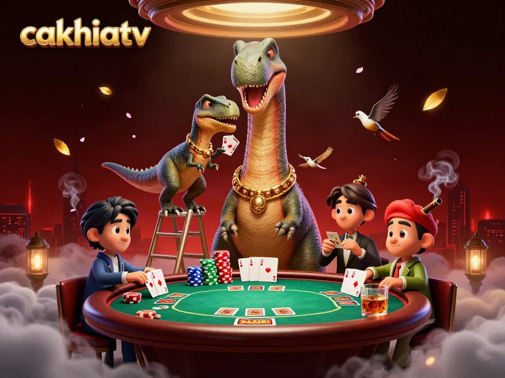 Engage in thrilling poker with cakhiatv as giant characters create a vibrant casino atmosphere.