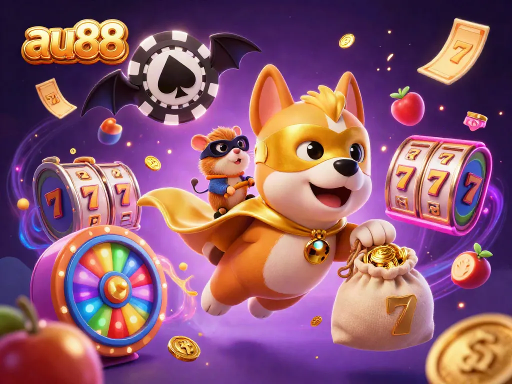 Experience exciting gameplay with au88's vibrant 3D casino illustration, featuring a superhero dog and dynamic slot elements.