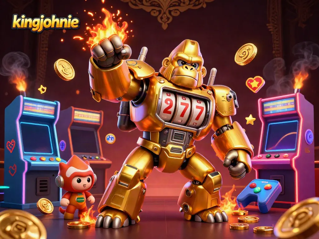 Engaging kingjohnnie casino illustration featuring a golden gorilla mech with slot machine parts amidst colorful arcade elements.
