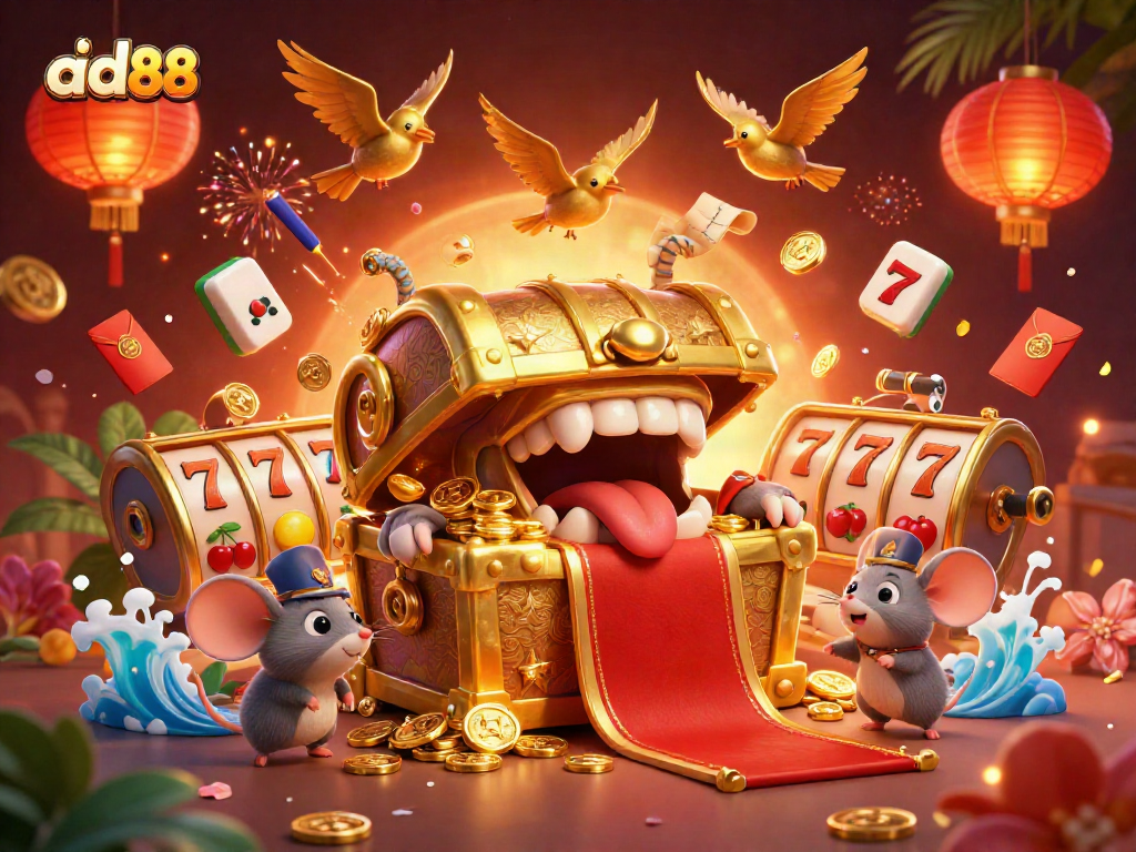 Spin the reels with ad88 in this vibrant casino-themed illustration filled with excitement and fortune.