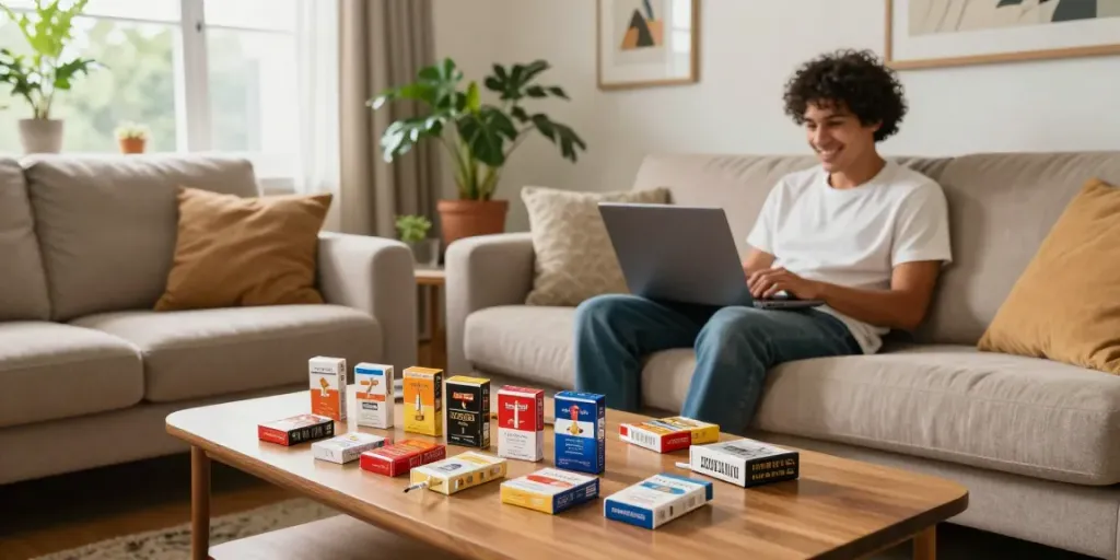 Buy cheap cigarette online Australia in a cozy living room with natural light.