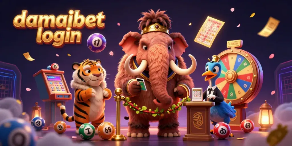 The vibrant 3D scene features damaibet login with a woolly mammoth bouncer, a saber-tooth tiger, and a dodo bird, immersed in casino excitement.