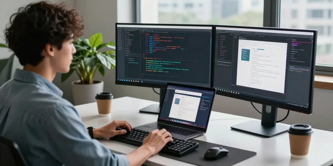 快连专业工作环境，程序员在现代办公桌前编写代码，展示现代科技的氛围。
