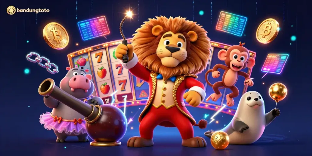 Experience the thrill of bandungtoto with vibrant slots and lively characters in a dynamic casino scene.