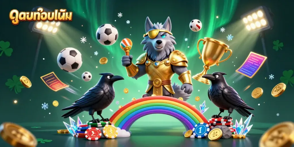 Engage with ดูบอลออนไลน์ in this vibrant illustration featuring Odin, sports elements, and casino chips.