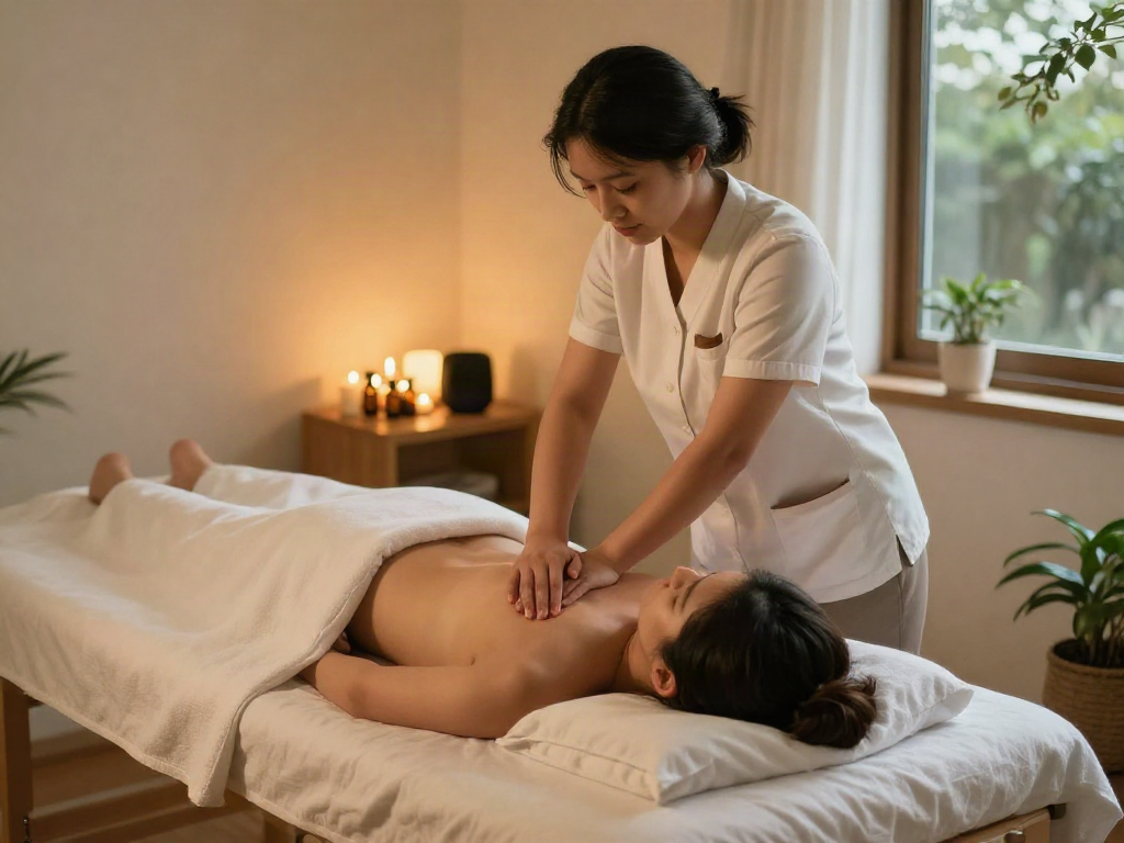 양천구출장마사지 in a calming home environment with professional therapist and client on massage table.