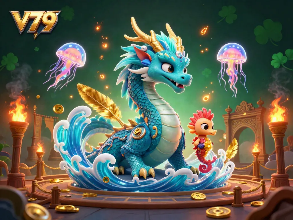Trải nghiệm V79 trong không gian giải trí trực tuyến với biểu tượng rồng xanh.