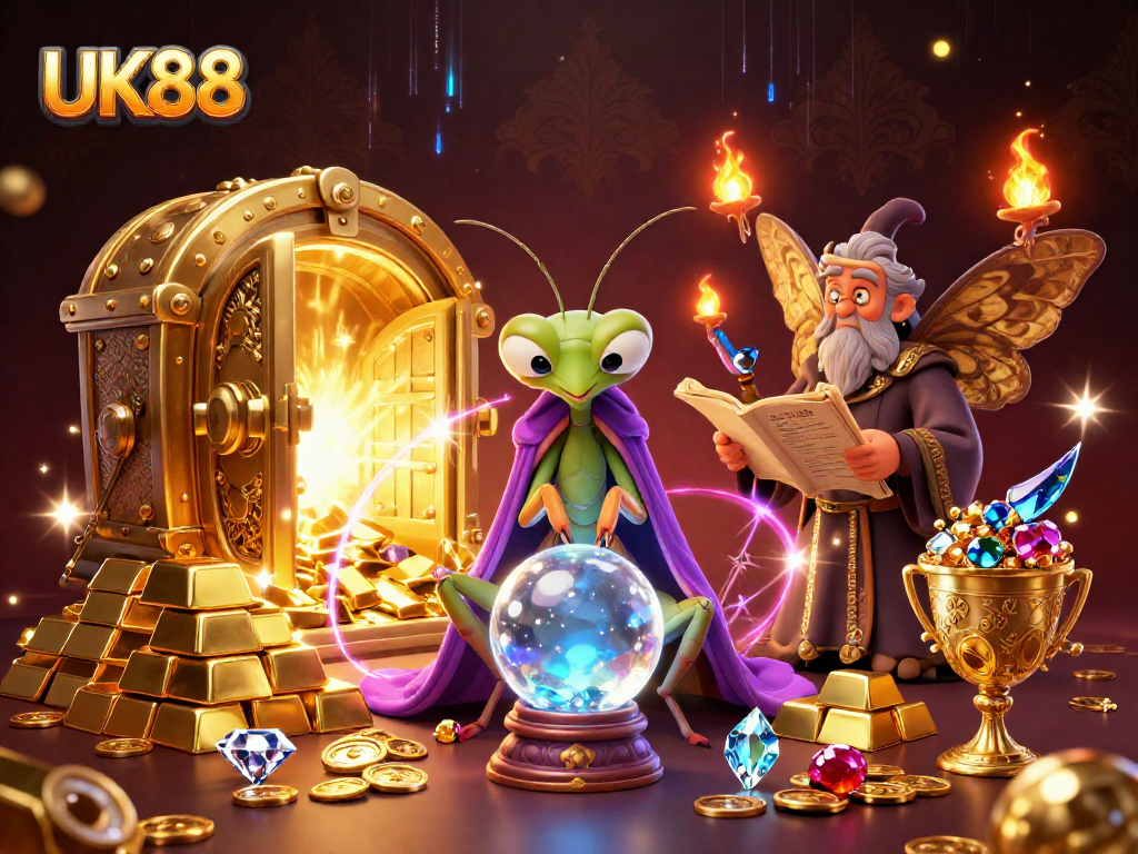 Engage in exciting gameplay at UK88 with a 3D cartoon scene featuring unique casino characters and treasure.