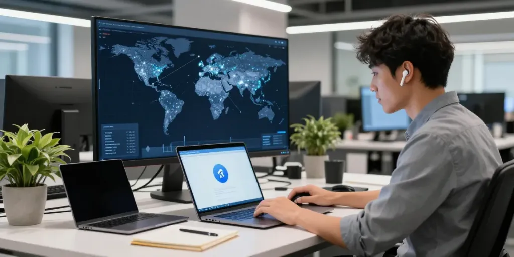 User connecting to 快连 service in a modern tech workspace with digital maps.