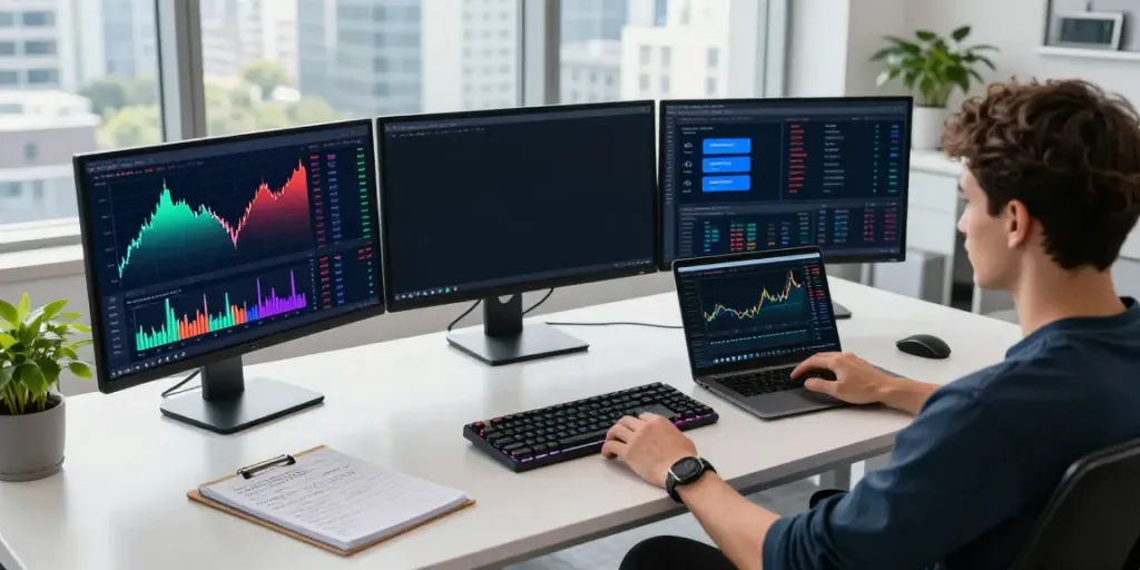 Market data API in action at a cryptocurrency trading desk, showcasing real-time charts and financial data.