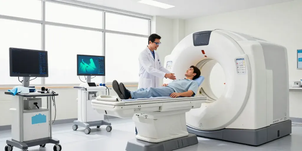 Röntgenreizbestrahlung in der Nähe: Moderne radiologische Geräte und freundlicher Arzt im Diagnostikzentrum.