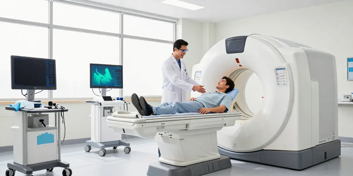 Röntgenreizbestrahlung in der Nähe: Moderne radiologische Geräte und freundlicher Arzt im Diagnostikzentrum.