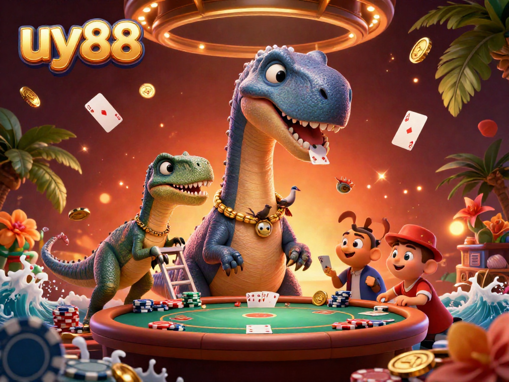 uy88 lottery: A dynamic scene depicting a giant brontosaurus and clever raptor in a casino atmosphere.