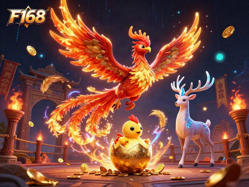 Experience thrilling action with F168 in a vibrant casino scene featuring a blazing phoenix and golden treasures.