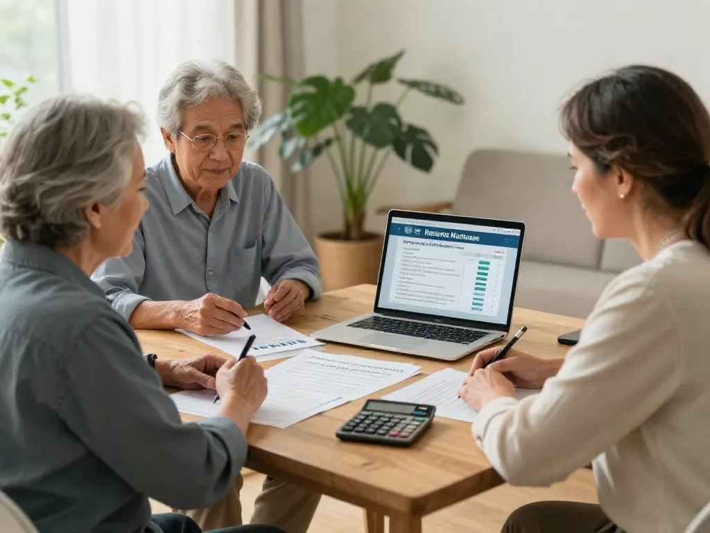 Couple discussing reverse mortgages with advisor in cozy home office.